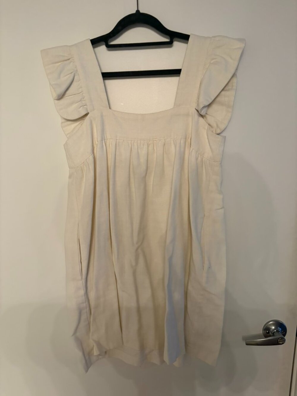Pomander Place Cream Ivory Ruffle Strap Square Neck Linen Mini Dress Size S